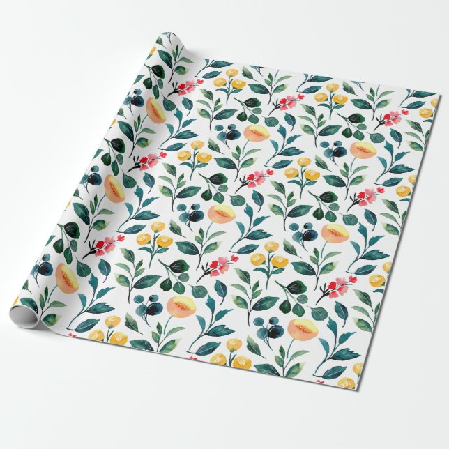 Rustic Stylish Yellow Watercolor Flowers Pattern Wrapping Paper (Unrolled)
