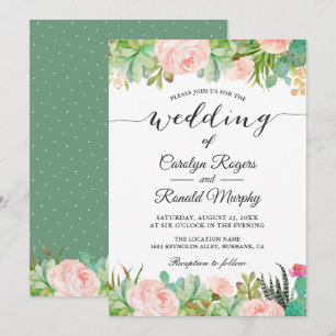 Rustic Succulent Cactus Blush Green Floral Wedding Invitation