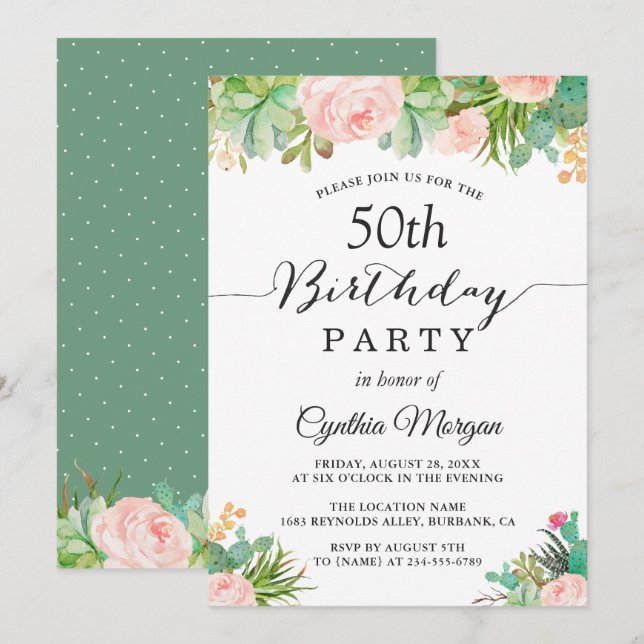 Rustic Succulent Cactus Floral 50th Birthday Party Invitation (Front/Back)