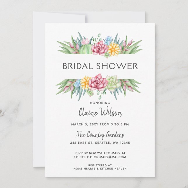 Rustic Succulent Cactus Rose Floral Bridal Shower Invitation (Front)
