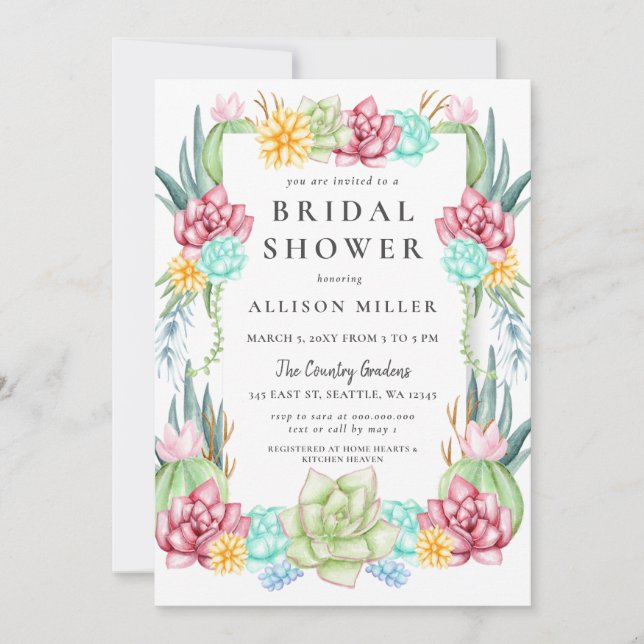 Rustic Succulent Cactus Rose Floral Bridal Shower Invitation (Front)