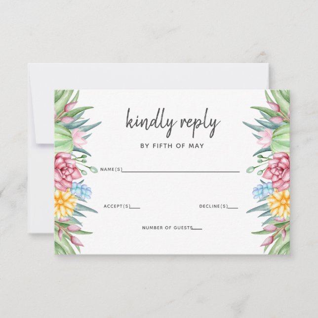 Rustic Succulent Cactus Rose Floral Wedding RSVP Card (Front)