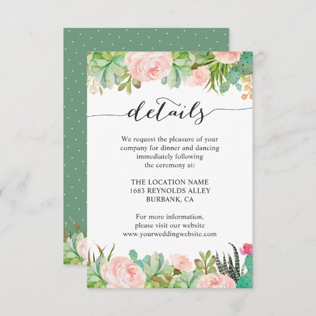 Rustic Succulent Cactus Wedding Reception Details Invitation (Front/Back)