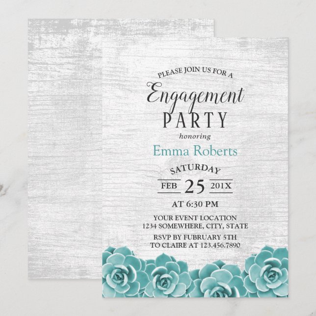 Rustic Succulent Floral Barn Wood Engagement Party Invitation (Front/Back)