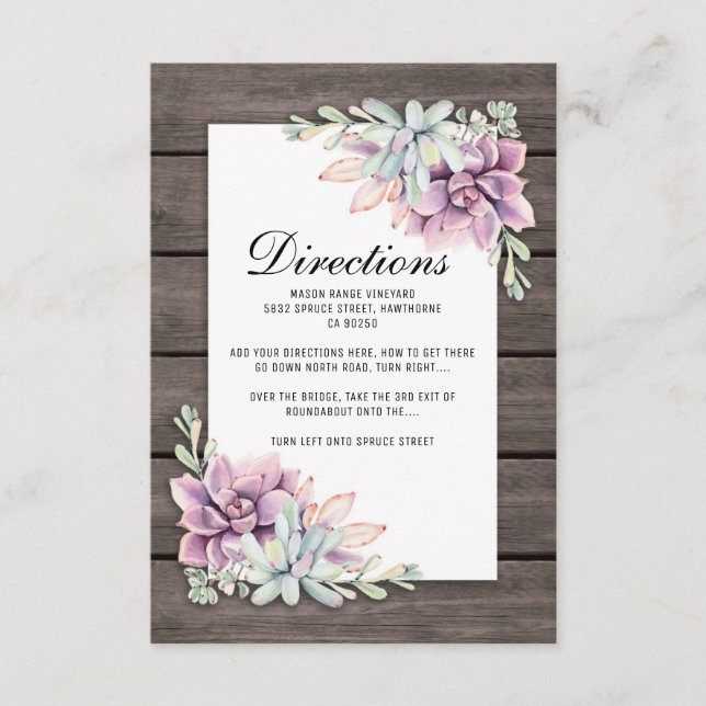 Rustic Succulent Floral Wedding Directions Enclosure Card (Front)