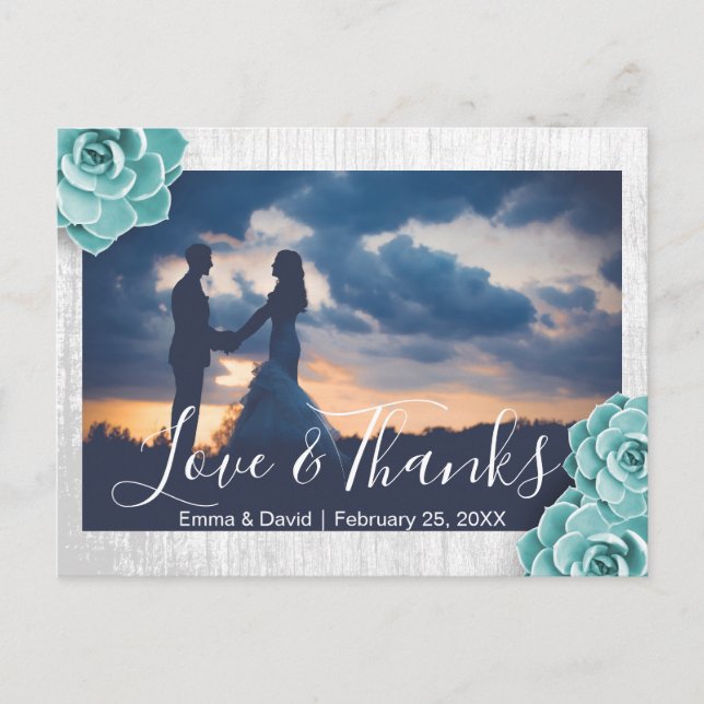 Rustic Succulent Floral Wedding Photo Thank You Postcard (Front)