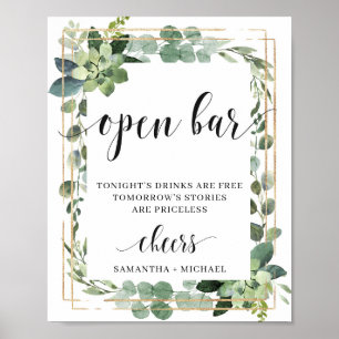 Rustic succulent greenery foliage open bar sign