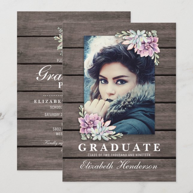 Rustic Succulent Photo 2026 Graduation Party Invitation (Front/Back)