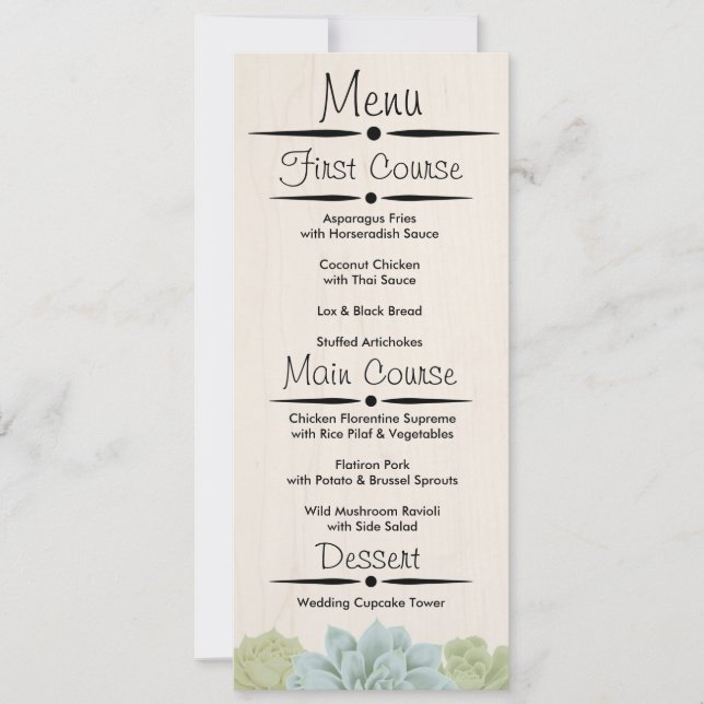 Rustic Succulent Wedding Reception Menu Invitation (Front)