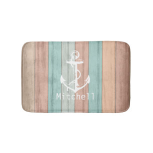 Rustic Summer Beach Wood Nautical Stripes & Anchor Bath Mat