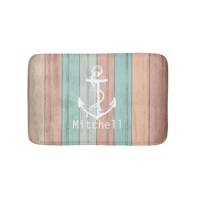 Rustic Summer Beach Wood Nautical Stripes & Anchor Bath Mat (Front)