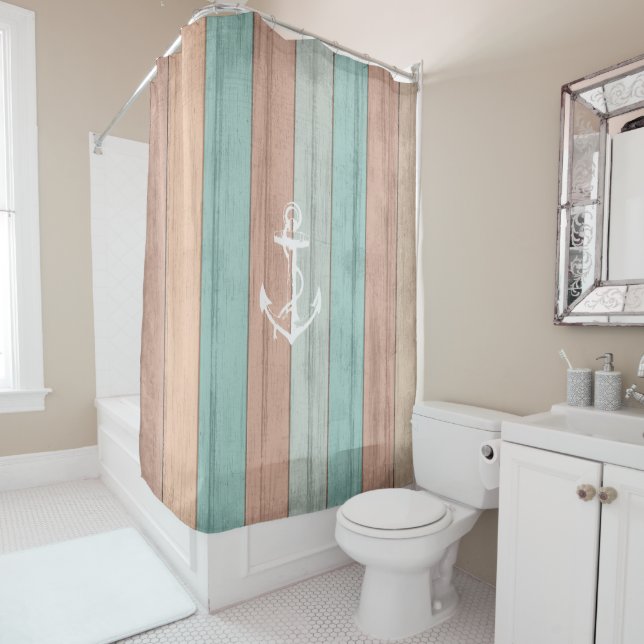 Rustic Summer Beach Wood Nautical Stripes & Anchor Shower Curtain (In Situ)