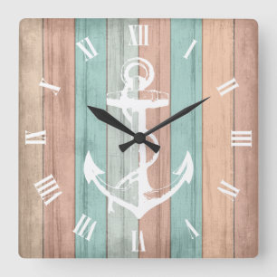 Rustic Summer Beach Wood Nautical Stripes & Anchor Square Wall Clock