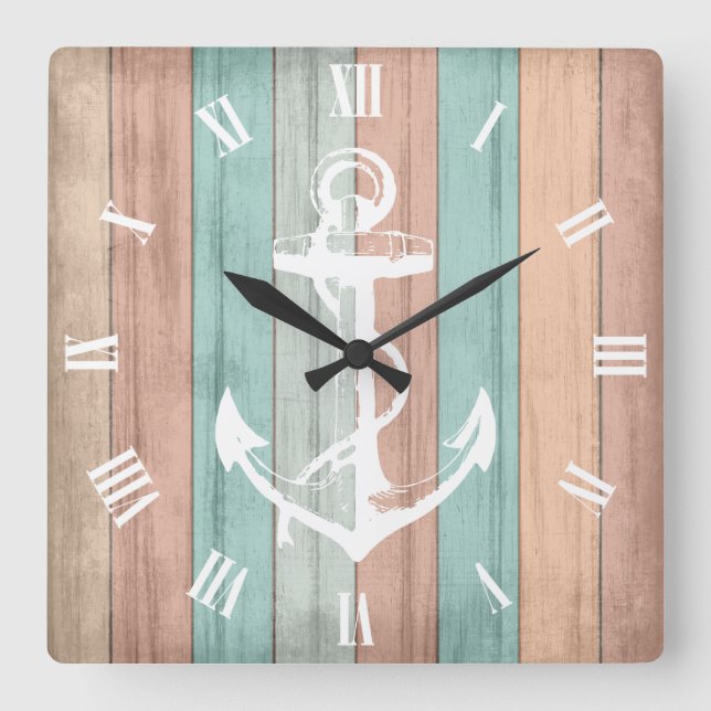 Rustic Summer Beach Wood Nautical Stripes & Anchor Square Wall Clock (Front)