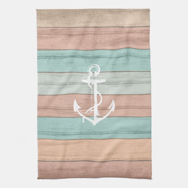 Rustic Summer Beach Wood Nautical Stripes & Anchor Tea Towel (Vertical)