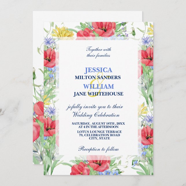 Rustic Summer Colourful Wildflowers Wedding Invitation (Front/Back)