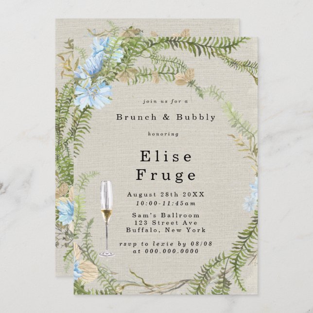 Rustic Summer Fern Wreath Brunch & Bubbly Invitati Invitation (Front/Back)