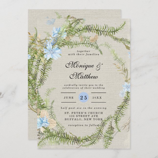 Rustic Summer Fern Wreath Wedding Invitation (Front/Back)