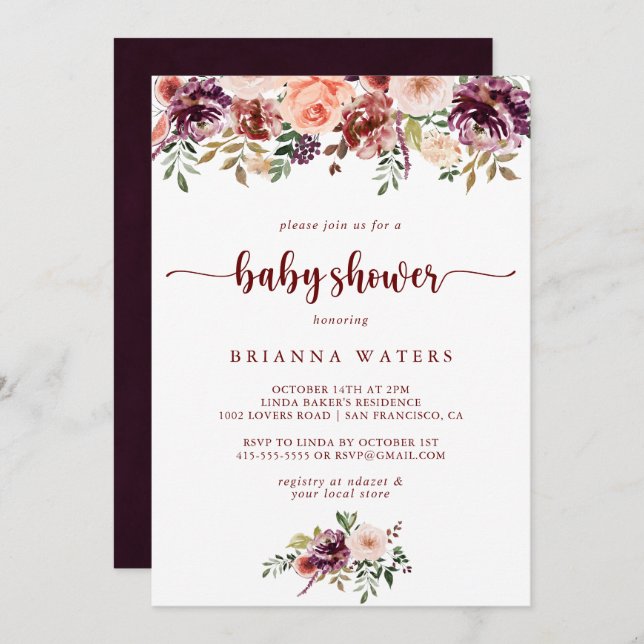Rustic Summer Floral Calligraphy Baby Shower  Invitation (Front/Back)