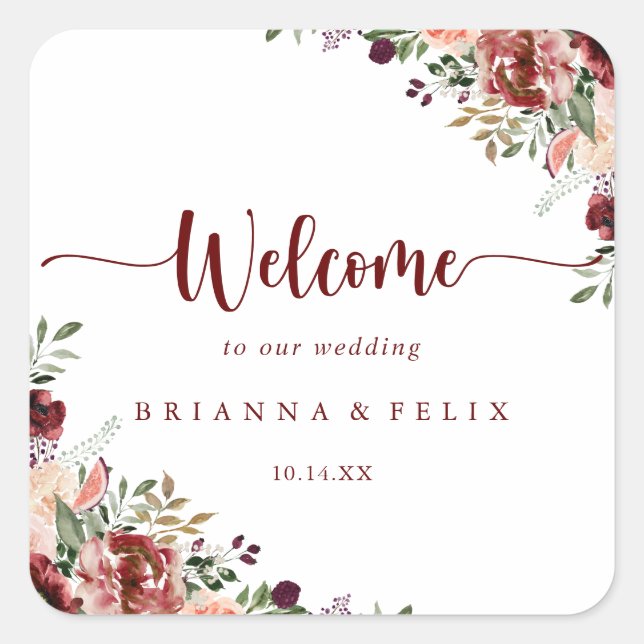 Rustic Summer Floral Calligraphy Wedding Welcome  Square Sticker (Front)