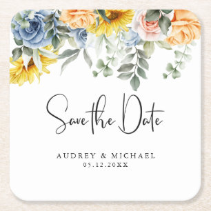 Rustic Summer Floral Greenery Wedding Save Date  Square Paper Coaster