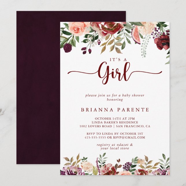 Rustic Summer Floral It's A Girl Baby Shower  Invitation (Front/Back)