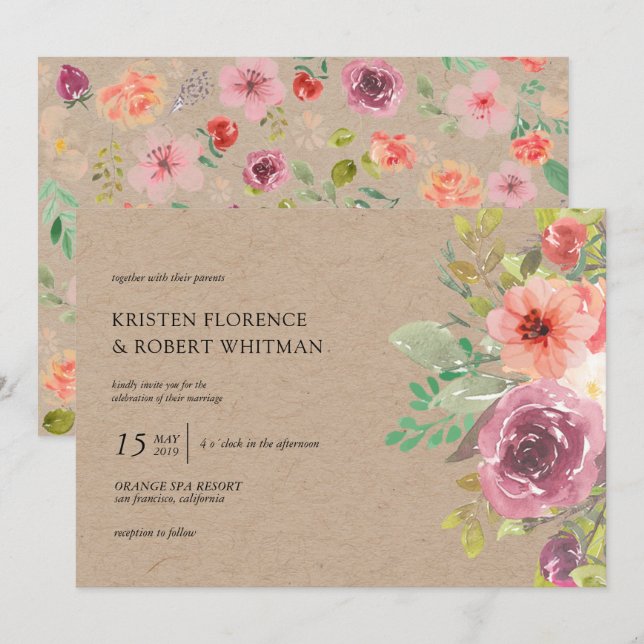 Rustic Summer Floral Kraft Wedding Invitation (Front/Back)