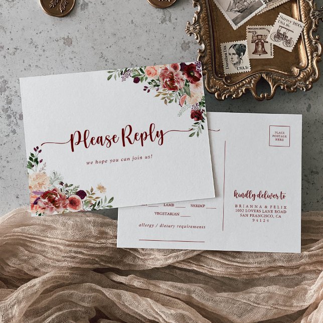 Rustic Summer Floral Menu Choice RSVP  Postcard (Creator Uploaded)