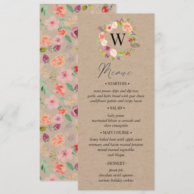 Rustic Summer Floral Wedding Menu card (Front/Back)
