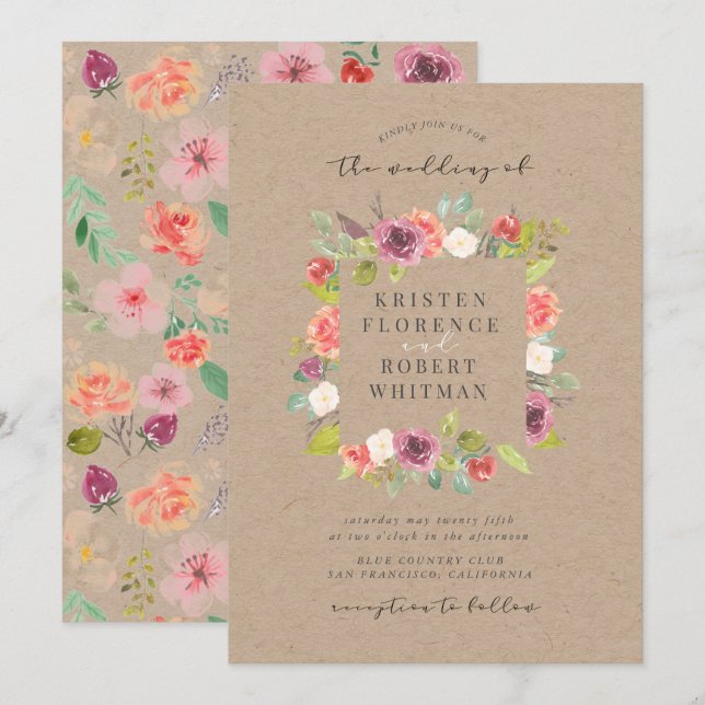 Rustic Summer Floral Wreath Wedding Invitation (Front/Back)