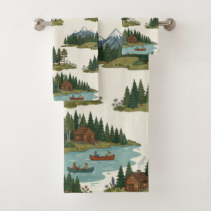Rustic Summer Lake Life Cabin and Canoe Seamless Bath Towel Set