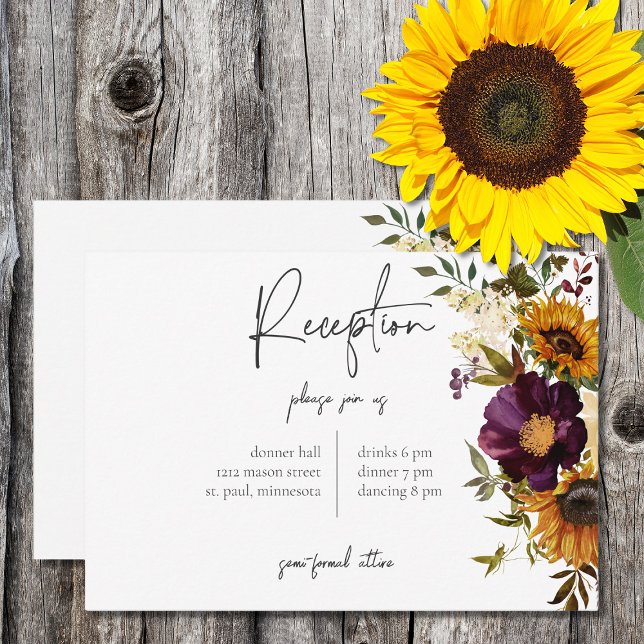 Rustic Summer Sunflowers Burgundy Floral Reception Enclosure Card (Creator Uploaded)