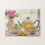 Rustic Summer Tea Party Jigsaw Puzzle<br><div class="desc">Tea party still life featuring wildflowers in ceramic jug,  ceramic tea set with lemons and limes on table with light streaming in from background window.</div>