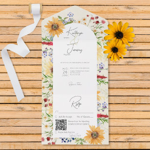 Rustic Summer Wildflowers Sunflowers Cream QR Code All In One Invitation