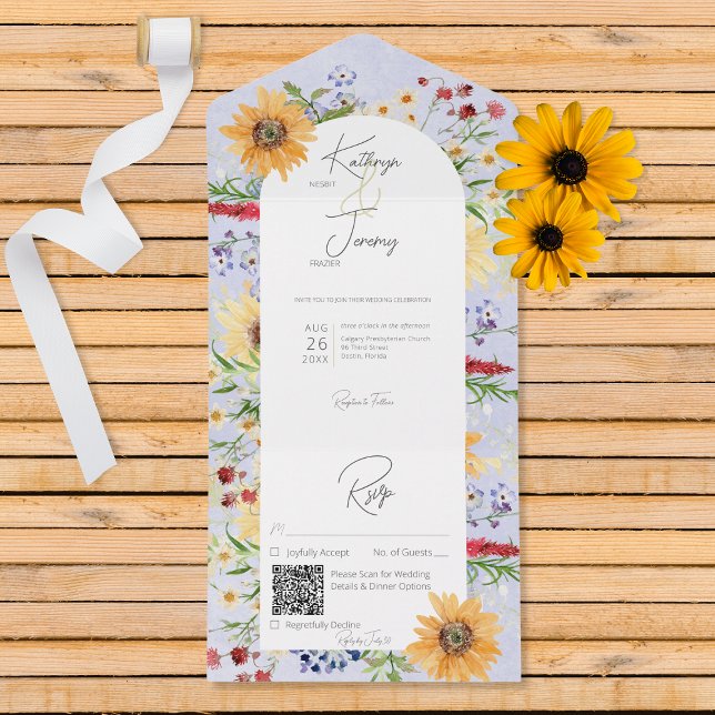 Rustic Summer Wildflowers Sunflowers Peri QR Code All In One Invitation (Creator Uploaded)