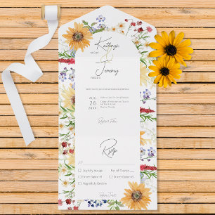 Rustic Summer Wildflowers Sunflowers White Dinner All In One Invitation