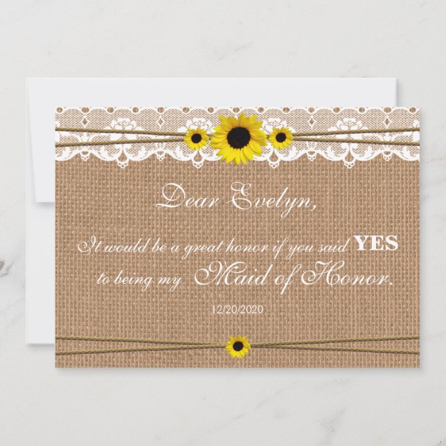 Rustic Sun Flower Will You Be My Maid of Honour Invitation (Back)