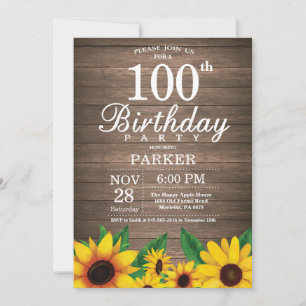 Rustic Sunflower 100th Birthday Invitation