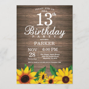 Rustic Sunflower 13th Birthday Invitation