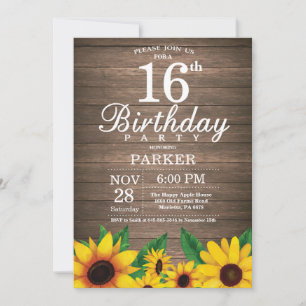 Rustic Sunflower 16th Birthday Invitation