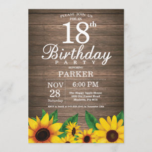 Rustic Sunflower 18th Birthday Invitation