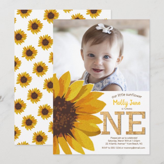 Rustic Sunflower 1st Birthday Girl Photo Invitation (Front/Back)