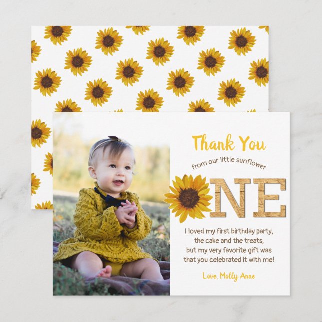Rustic Sunflower 1st Birthday Girl Thank You Card (Front/Back)
