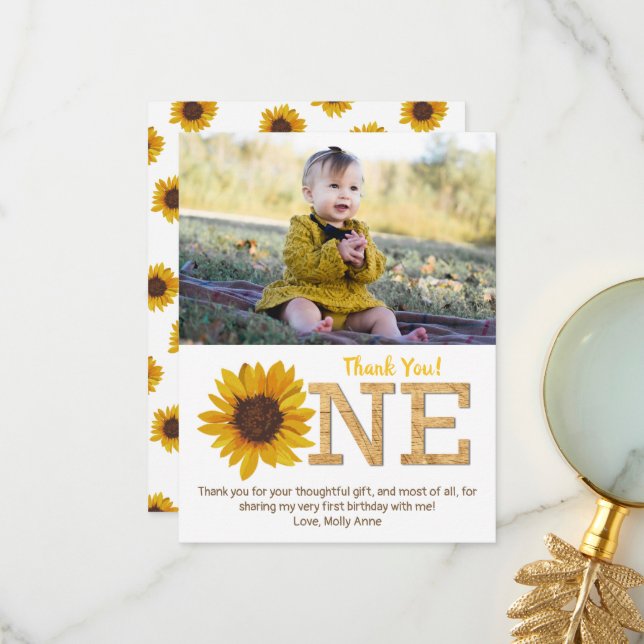 Rustic Sunflower 1st Birthday Girl Thank You Card (Front/Back In Situ)
