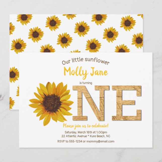 Rustic Sunflower 1st Birthday Girl Watercolor Invitation (Front/Back)