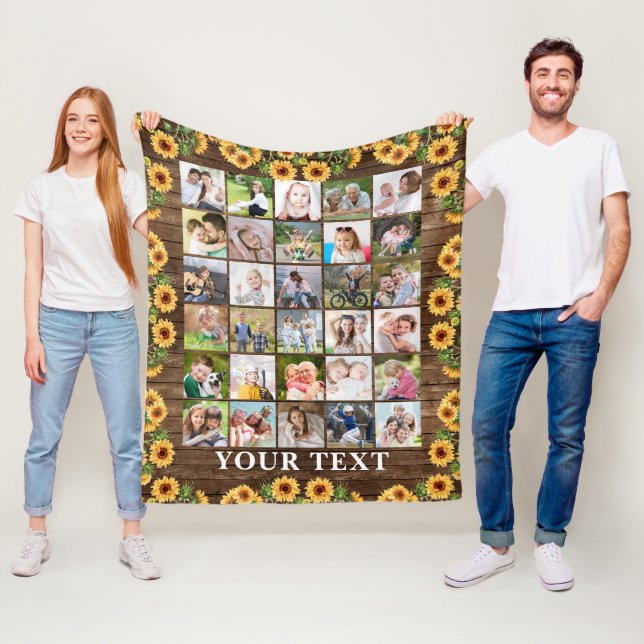 Rustic Sunflower 30 Photo Collage Personalised Fleece Blanket (In Situ)