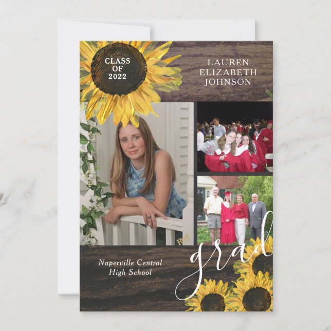 Rustic Sunflower 3 Photo Graduation Annoucement Announcement (Front)