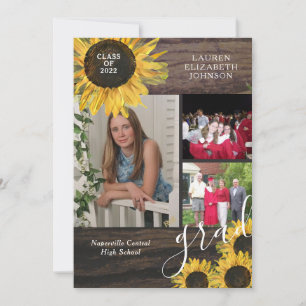 Rustic Sunflower 3 Photo Graduation Annoucement Announcement