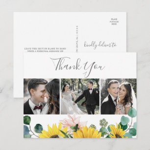 Rustic Sunflower 3 Photo Wedding Thank You Postcard