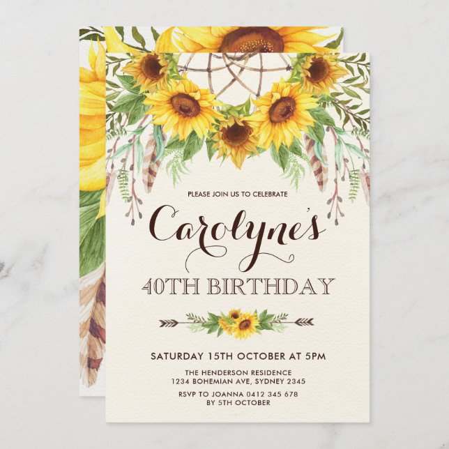 Rustic Sunflower 40th Birthday Boho Yellow Floral Invitation (Front/Back)